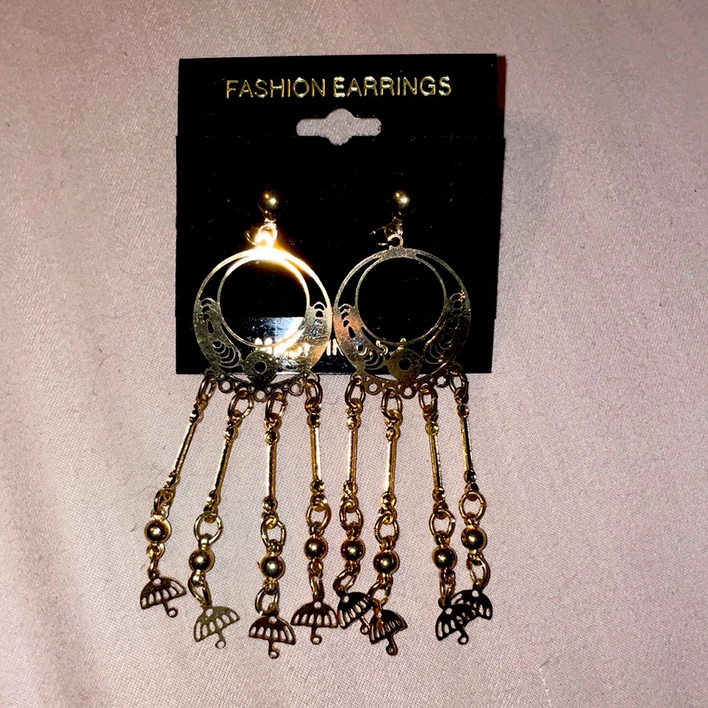 Golden dangle earrings with cute little umbrellas